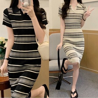 Váy len dài body ôm dáng kẻ ngang