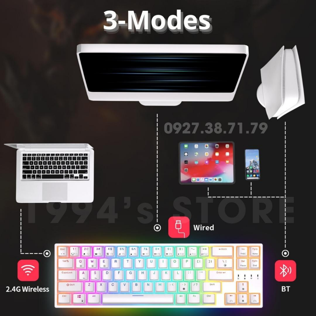 RK68 Plus/RK871 Led RGB - Bàn phím cơ không dây có 3 chế độ kết nối Bluetooth 5.1 - Wireless 2.4G - Type C - HOTSWAP