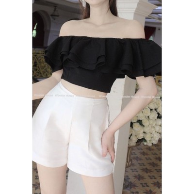 Áo thiết kế WONDER HOUSE trễ vai croptop 2 tầng chất vải dày dặn - Shy Top