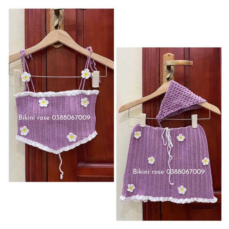 SÉT BIKINI LEN MÓC MÀU TÍM NHẠT GẮN HOA