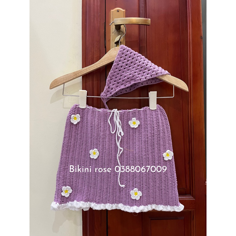 SÉT BIKINI LEN MÓC MÀU TÍM NHẠT GẮN HOA