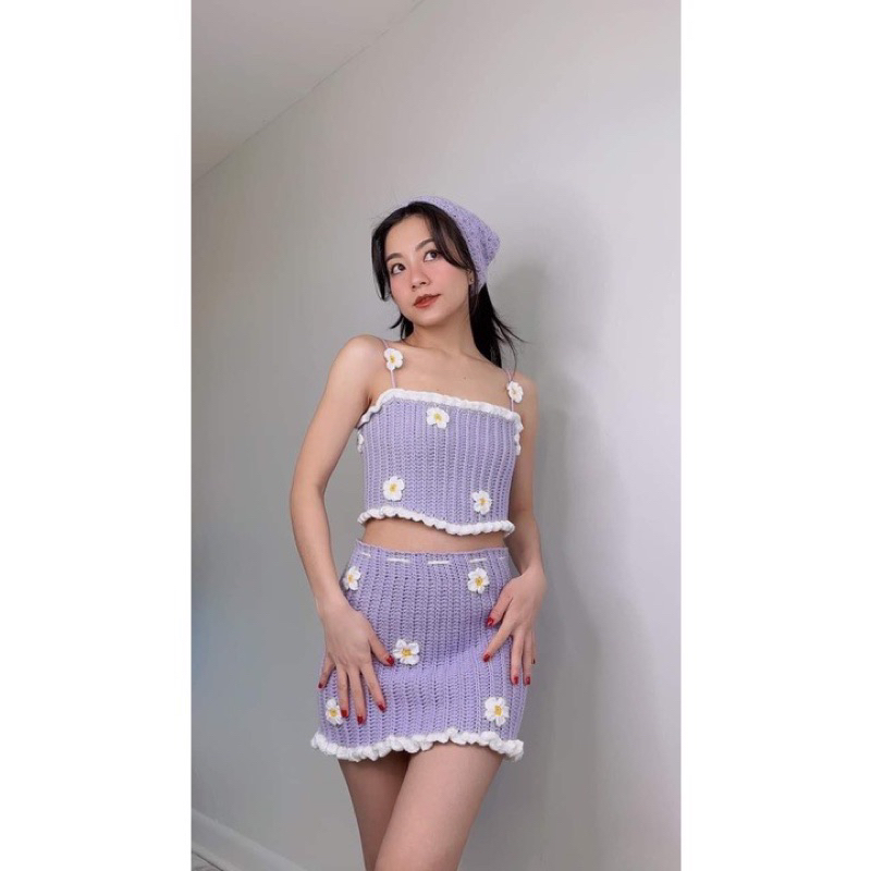 SÉT BIKINI LEN MÓC MÀU TÍM NHẠT GẮN HOA