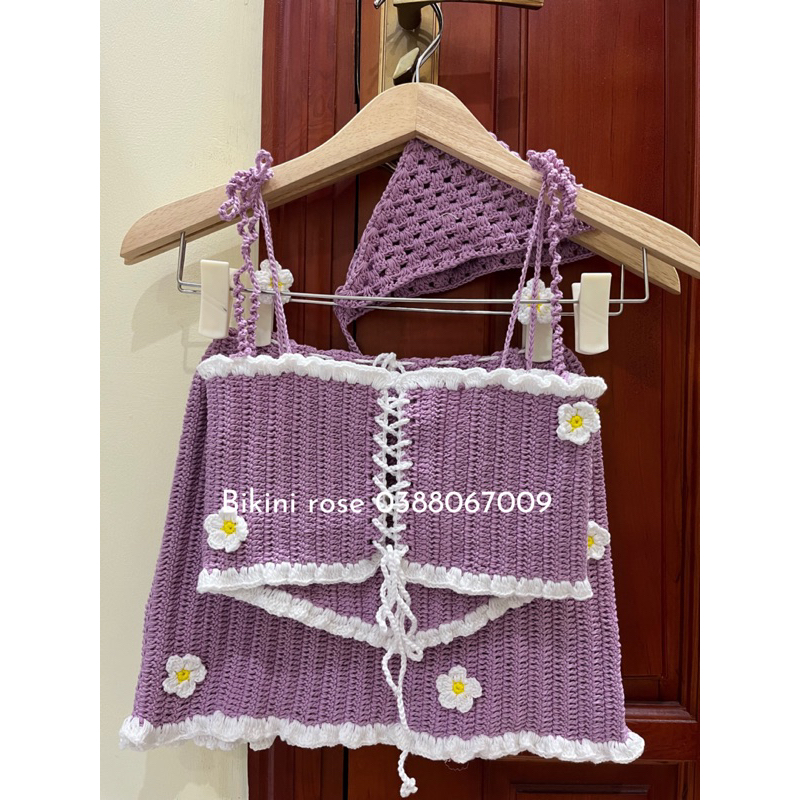 SÉT BIKINI LEN MÓC MÀU TÍM NHẠT GẮN HOA