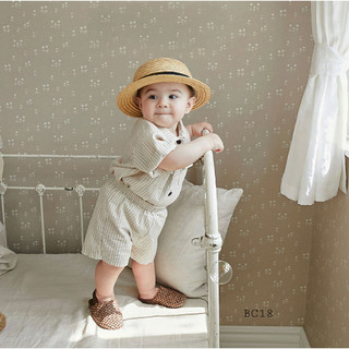 Bộ cộc sơ mi kẻ linen phong cách công tử hàn quốc cho bé - BC18