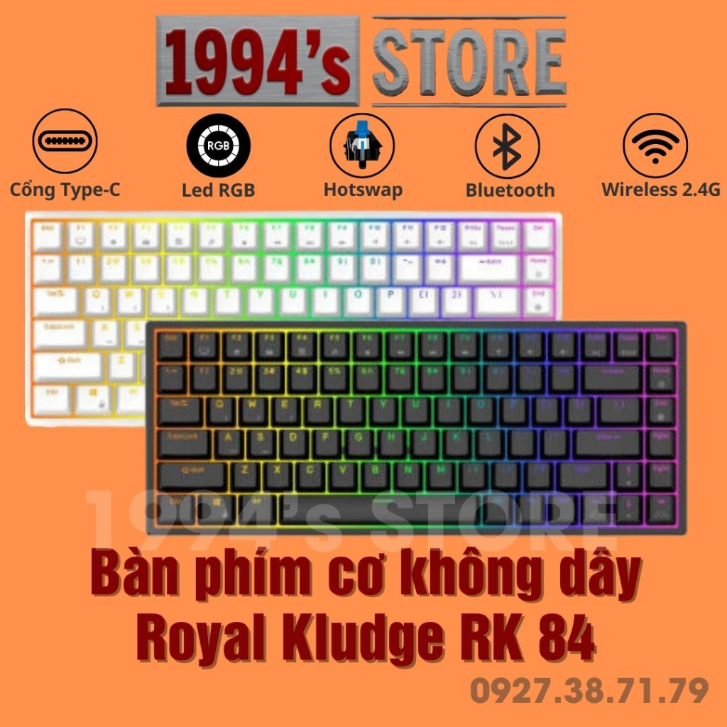 FREESHIP Bàn phím cơ RK84 Led RGB có HOTSWAP - Wireless 2.4G + Bluetooth 5.1 + Type C + Phần mềm tùy chỉnh Led và Custom