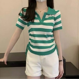 Áo len kẻ cổ bẻ rút eo