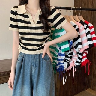 Áo len kẻ cổ bẻ rút eo