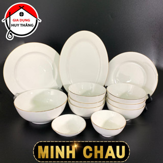  Bộ Bát Đĩa 12 Sản Phẩm Viền Vàng 12K Bộ Chén Dĩa Sứ Trắng Minh Châu 