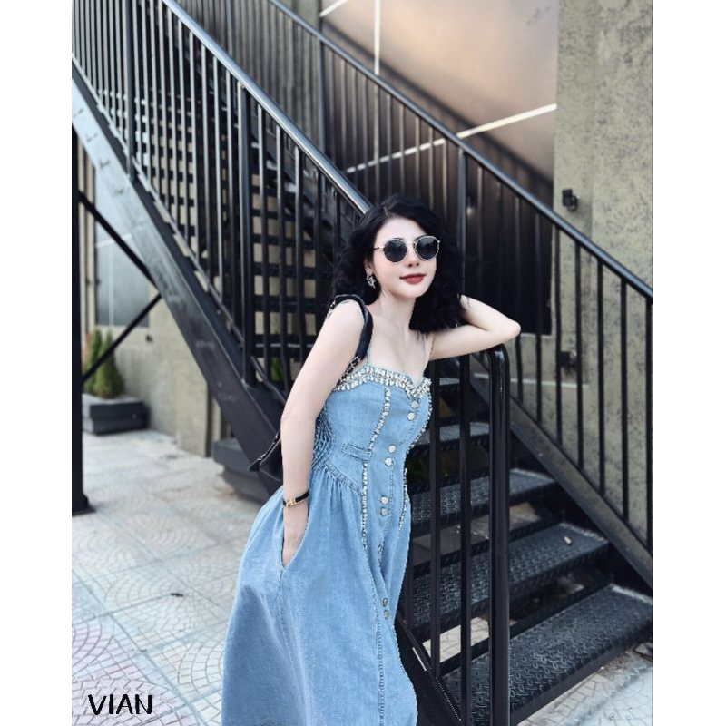 Váy jean 2 dây đính đá cao cấp
