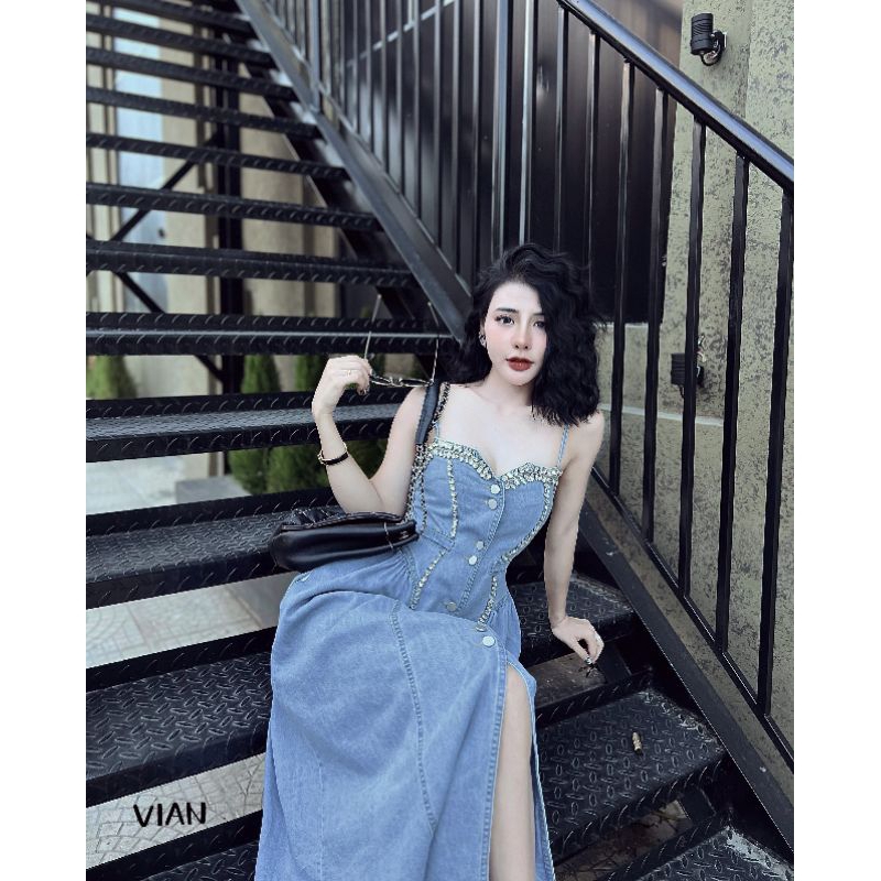 Váy jean 2 dây đính đá cao cấp