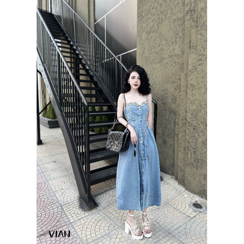 Váy jean 2 dây đính đá cao cấp