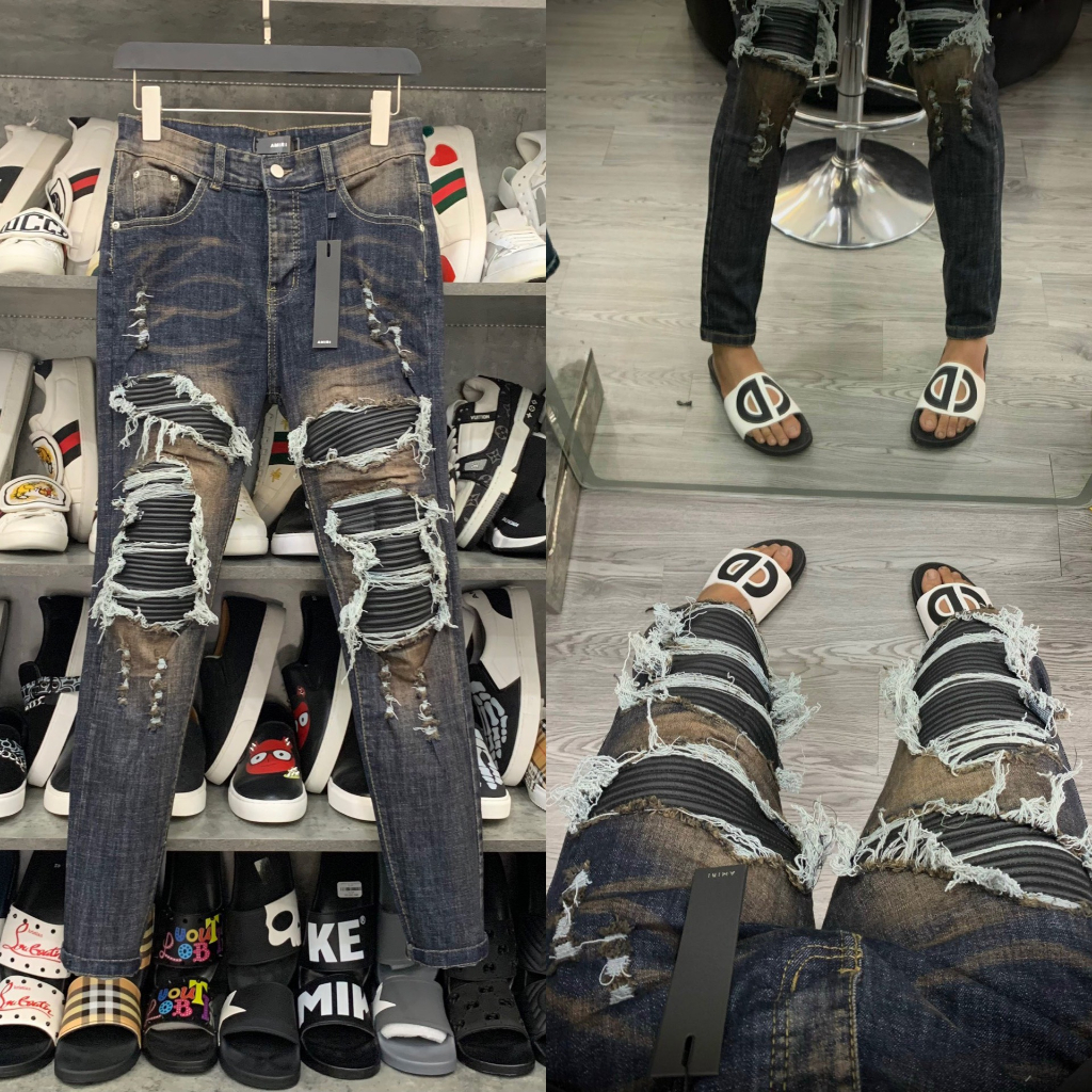 Quần jean bò nam Amiri skinny wash xanh nâu rách tua xù đùi gối vá da nhăn đen cứng boy phố QJ251P