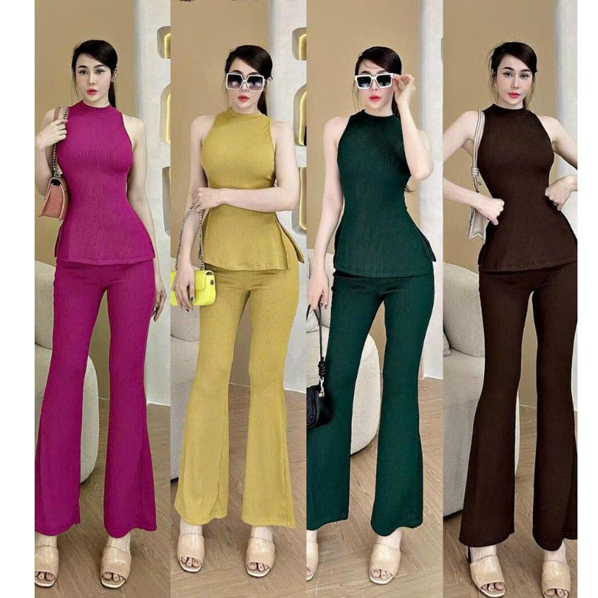 Set đồ bộ nữ áo ba lỗ xẻ tà mix quần dài ống loe tôn dáng dành cho các nàng đi làm, đi dạo siêu sang, xinh xắn.