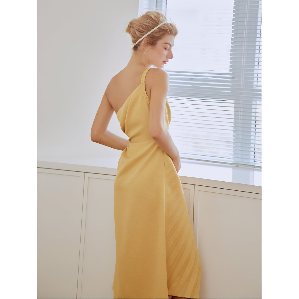 Đầm Xếp ly Nữ Sang Trọng, Váy Không Tay 1 Quai Lệch vai, có xẻ tà