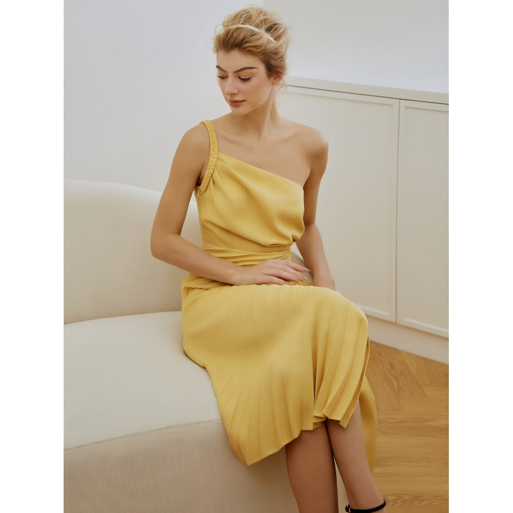 Đầm Xếp ly Nữ Sang Trọng, Váy Không Tay 1 Quai Lệch vai, có xẻ tà