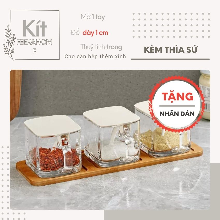 Hũ Đựng Gia Vị Thủy Tinh Có Kèm Thìa Sứ Feeka Cực Xinh, Lọ Đựng Gia Vị Thủy Tinh Đẹp Vuông Có Thìa 300Ml