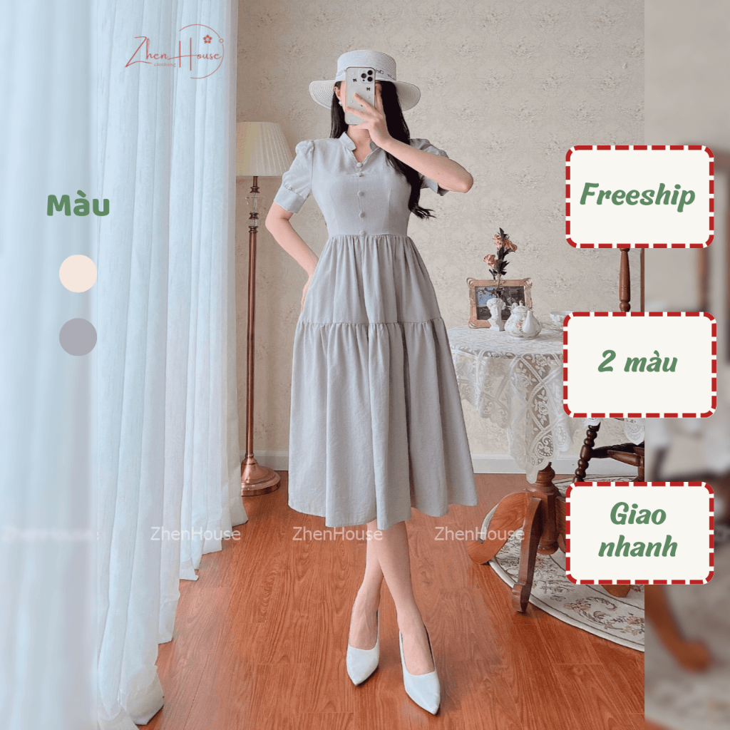 Váy Cổ Tàu Dáng Dài Chất Đũi Không Nhăn Phong Cách Tiểu Thư VH12 ZhenHouse