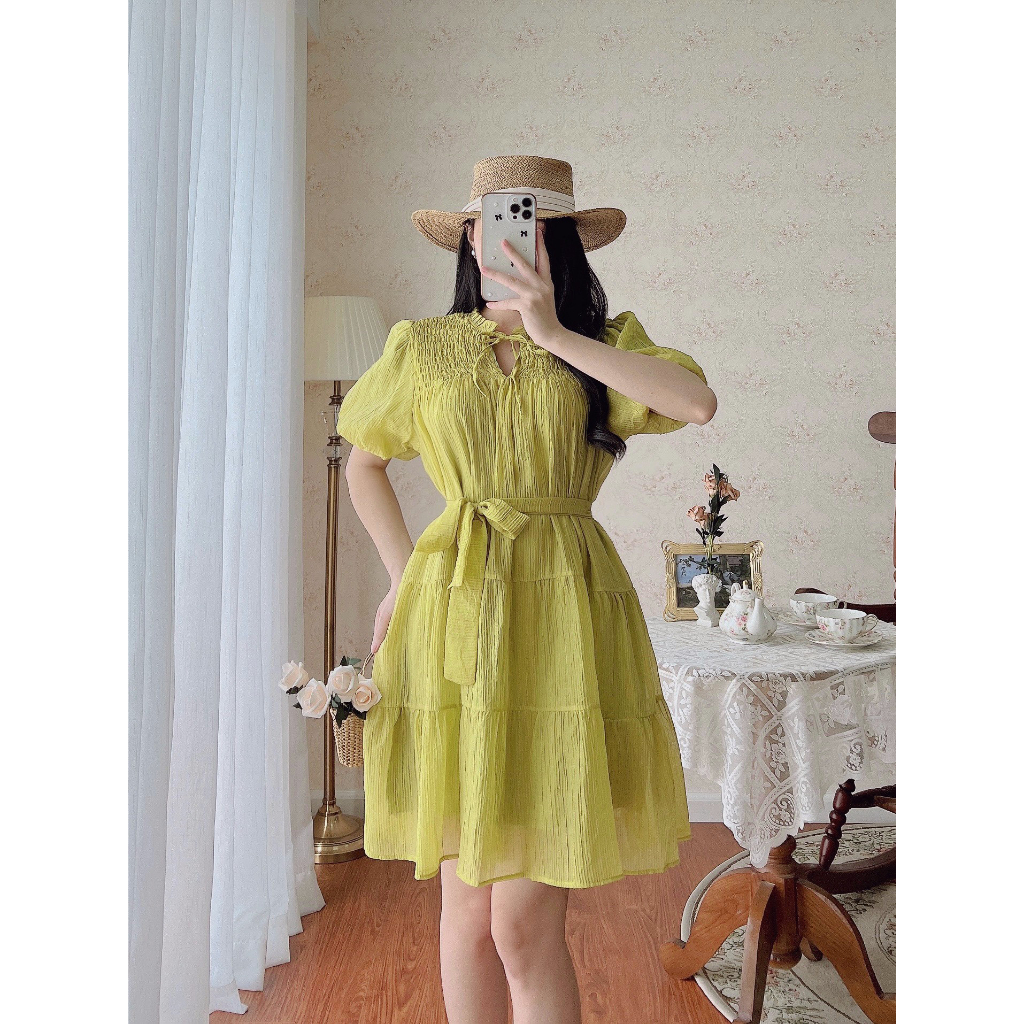 Váy Babydoll Thắt Dây Màu Be Nhún Ngực Chất Tơ Nhăn