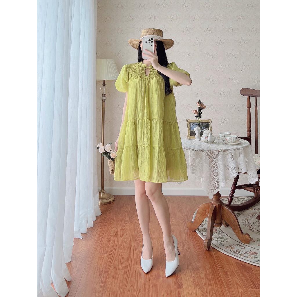 Váy Babydoll Thắt Dây Màu Be Nhún Ngực Chất Tơ Nhăn