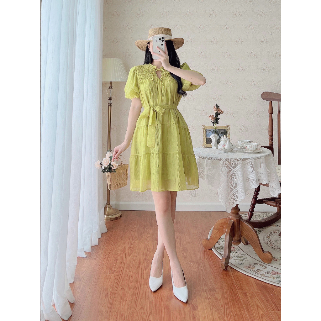 Váy Babydoll Thắt Dây Màu Be Nhún Ngực Chất Tơ Nhăn