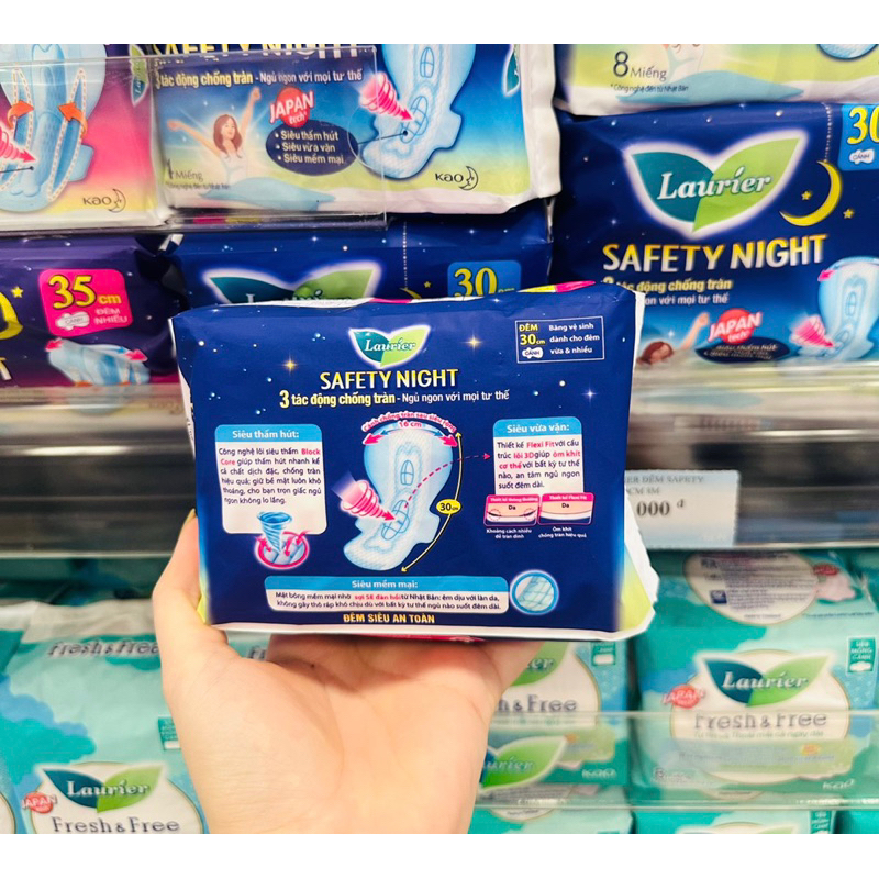 Băng vệ sinh ban đêm siêu thấm chống tràn Laurier Safety Night 30cm 35cm 40cm