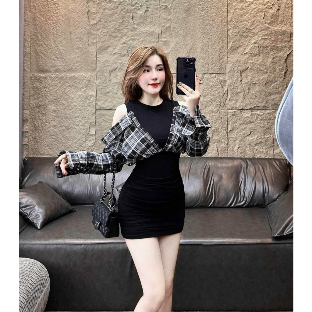 Đầm váy nữ body phối sọc tay dài xinh xắn, Đầm thun gân ôm body xẻ tà một bên kèm áo khoác caro kate họa tiết caro