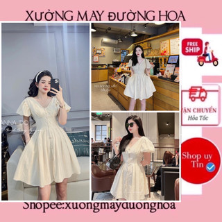 Váy thô cổ V chiế eo tay bồng