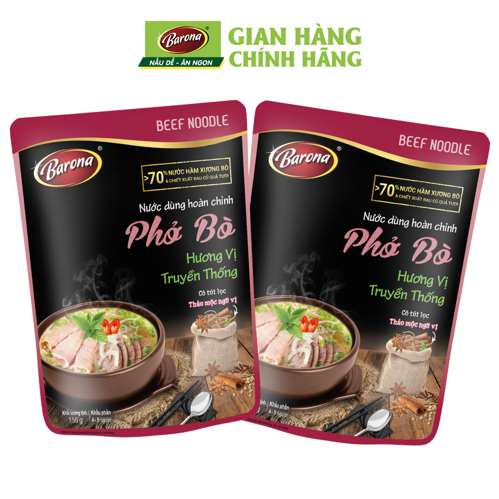 Combo 2 Gói Nước dùng Phở Bò Barona 150g, Tặng 1 hũ tiêu hạt 45g