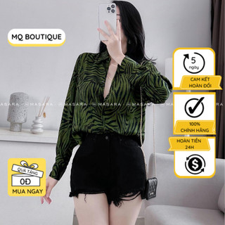 Sơ mi lụa nữ dài tay nữ cao cấp họa tiết ngựa vằn xanh sang chảnh kiểu hàn quốc, áo sơ mi họa tiết thiết kế MQ Boutique