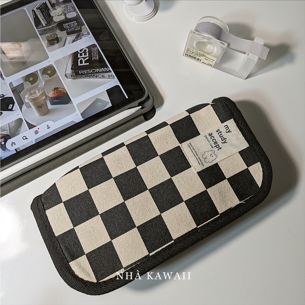 Hộp bút Caro trắng đen chess-board, túi đựng bút vải canvas dày