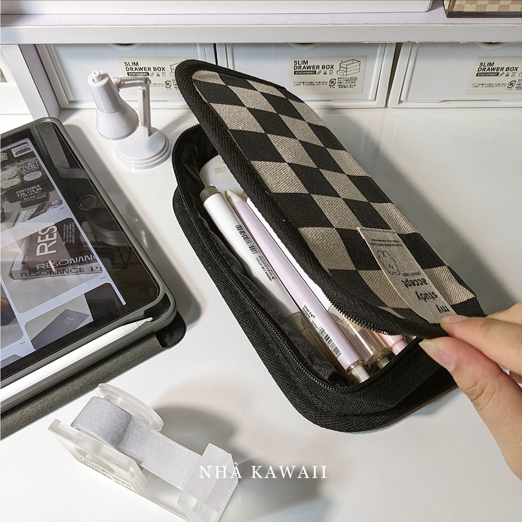 Hộp bút Caro trắng đen chess-board, túi đựng bút vải canvas dày