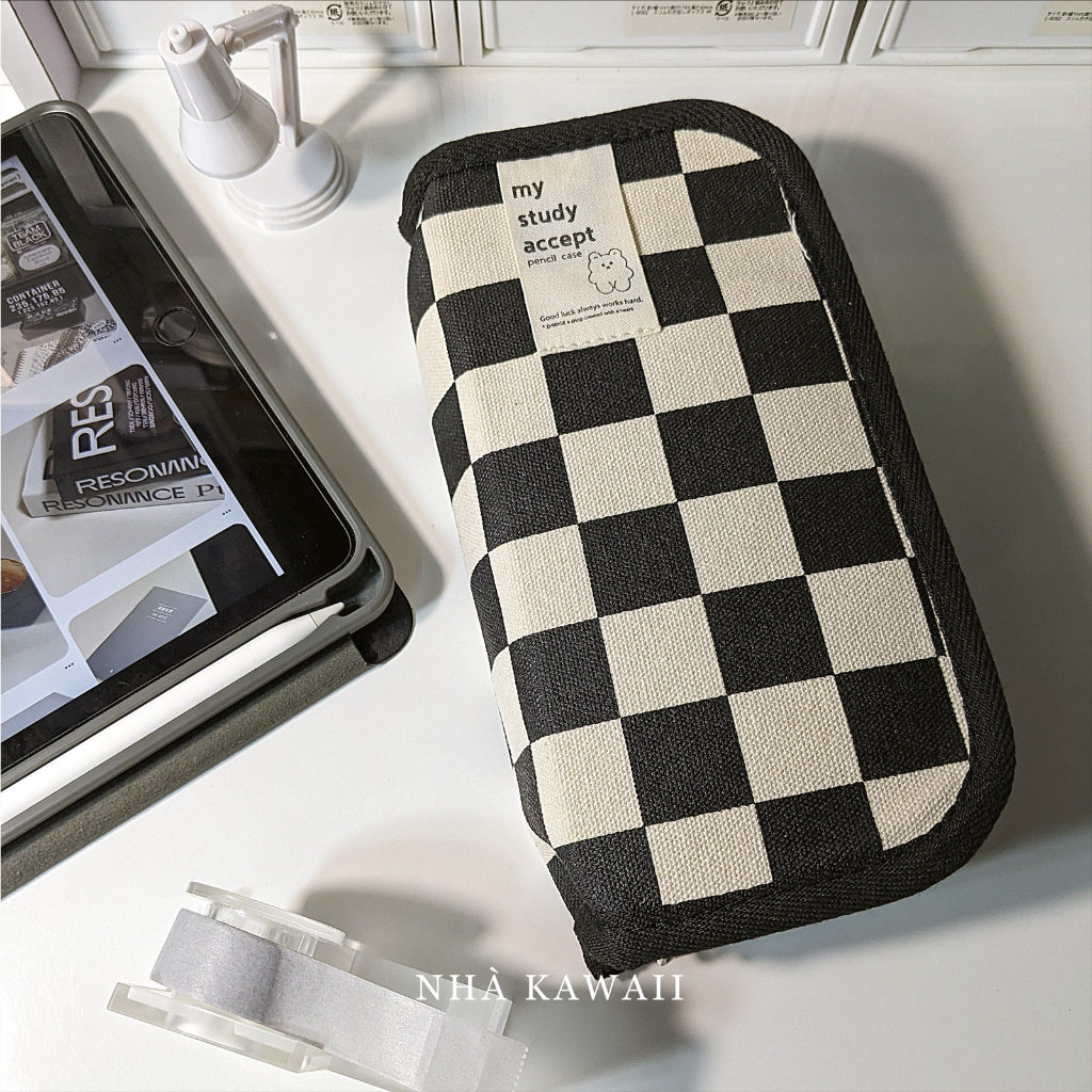 Hộp bút Caro trắng đen chess-board, túi đựng bút vải canvas dày