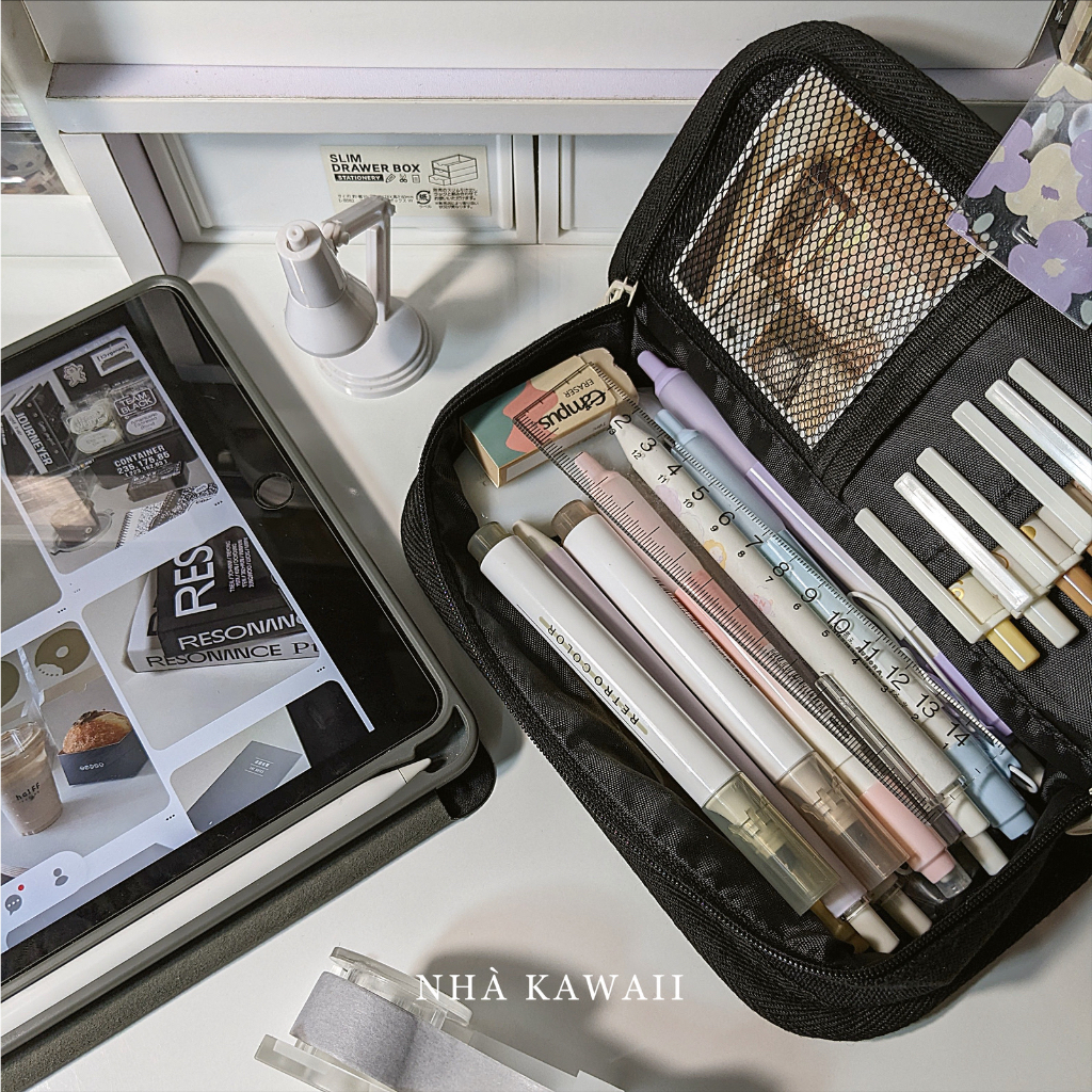 Hộp bút Caro trắng đen chess-board, túi đựng bút vải canvas dày