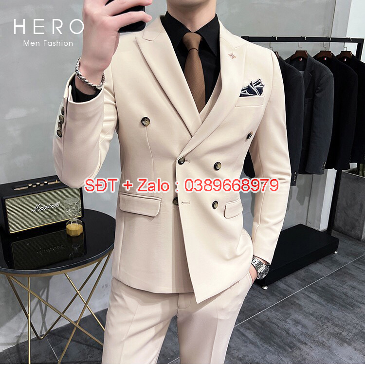 Bộ Vest Nam Cao Cấp 6 Cúc Màu Kem, Suit Nam Hàn Quốc 6 Cúc Màu Be