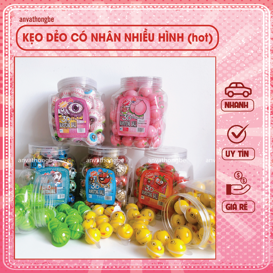 Kẹo dẻo có nhân viên nhỏ hình con mắt/trái banh/dưa hấu/dâu/vịt