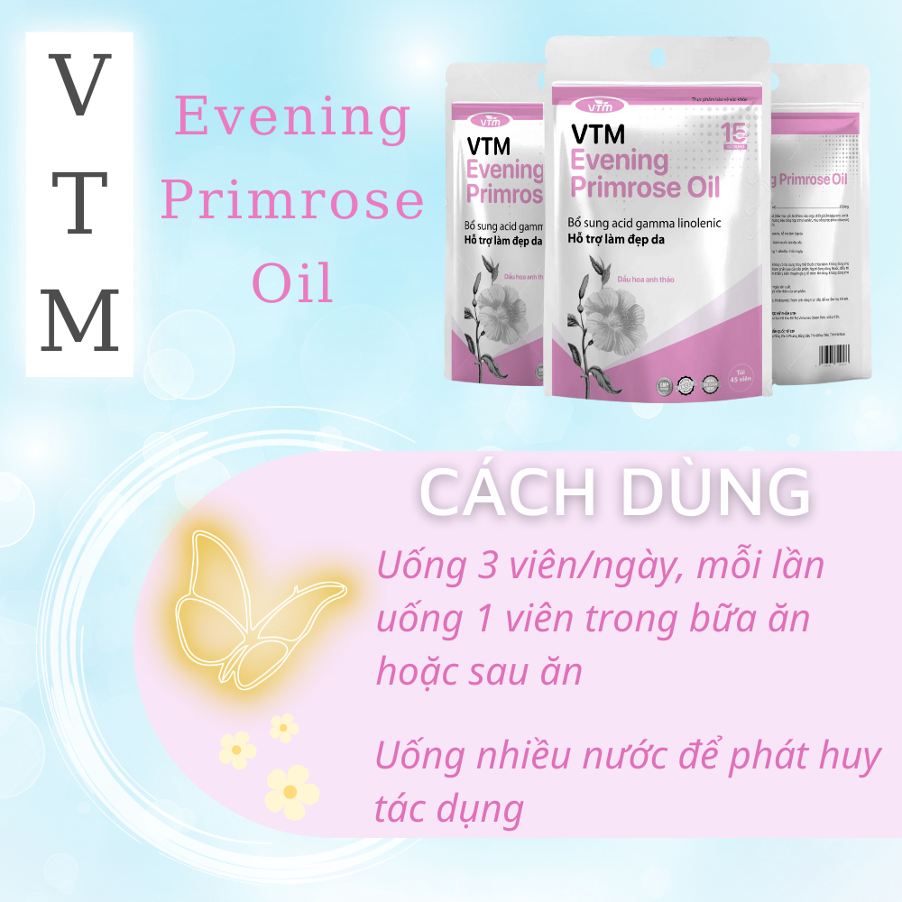 Viên uống tinh dầu hoa anh thảo VTM Evening Primrose Oil, hỗ trợ cân bằng nội tiết tố, làm đẹp da, tóc, móng