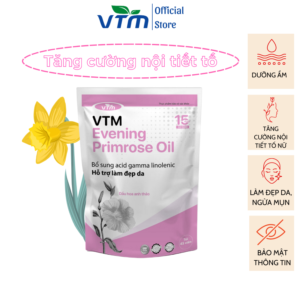 Viên uống tinh dầu hoa anh thảo VTM Evening Primrose Oil, hỗ trợ cân bằng nội tiết tố, làm đẹp da, tóc, móng