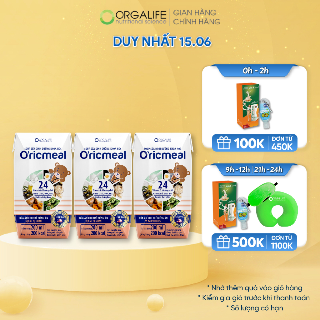 Lốc 3 Hộp soup sữa dinh dưỡng O'ricmeal 200ml/hộp - Trẻ biếng ăn, suy dinh dưỡng, thiếu chất, tăng chiều cao, ngủ ngon
