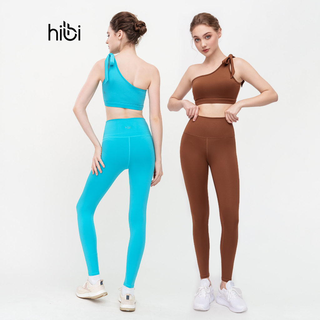 Set Đồ Tập Yoga Gym Luxury Hibi Sports H154 Áo Lệch Vai Dây Nơ, Màu Xanh và Nâu, Kèm Mút Ngực, Chất Vải Lu Fabric