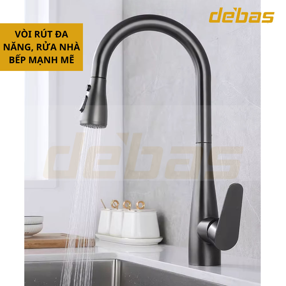 Vòi rửa bát dây rút đồng mạ nano xám hàng đúc nặng cao cấp tặng dây cấp inox nóng lạnh Debas V756X