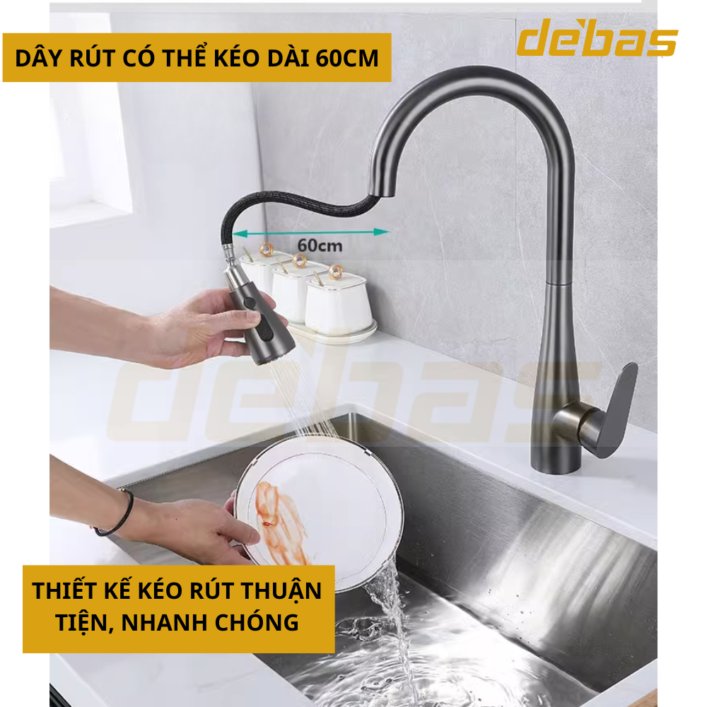 Vòi rửa bát dây rút đồng mạ nano xám hàng đúc nặng cao cấp tặng dây cấp inox nóng lạnh Debas V756X