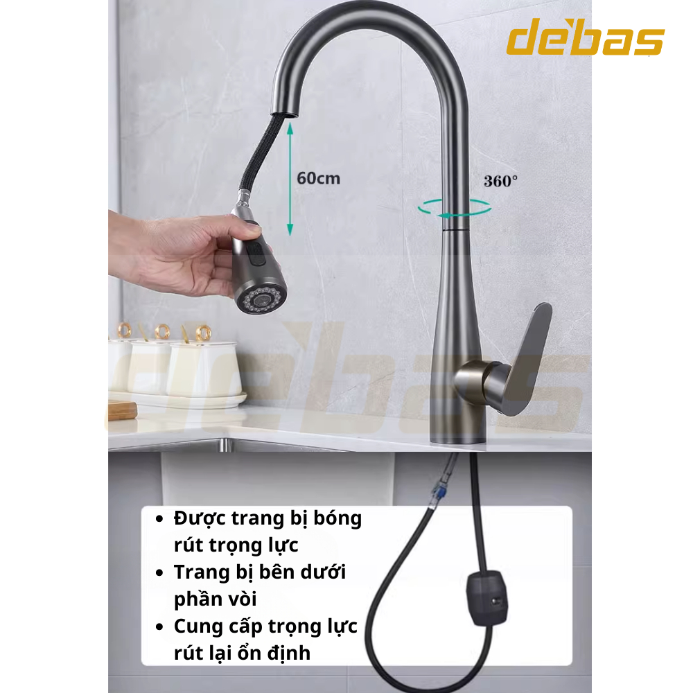 Vòi rửa bát dây rút đồng mạ nano xám hàng đúc nặng cao cấp tặng dây cấp inox nóng lạnh Debas V756X