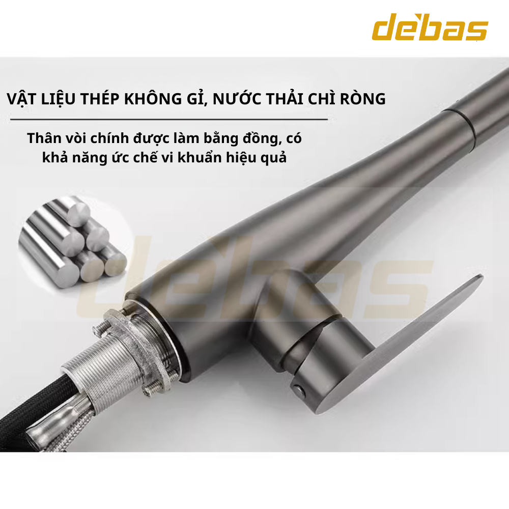 Vòi rửa bát dây rút đồng mạ nano xám hàng đúc nặng cao cấp tặng dây cấp inox nóng lạnh Debas V756X