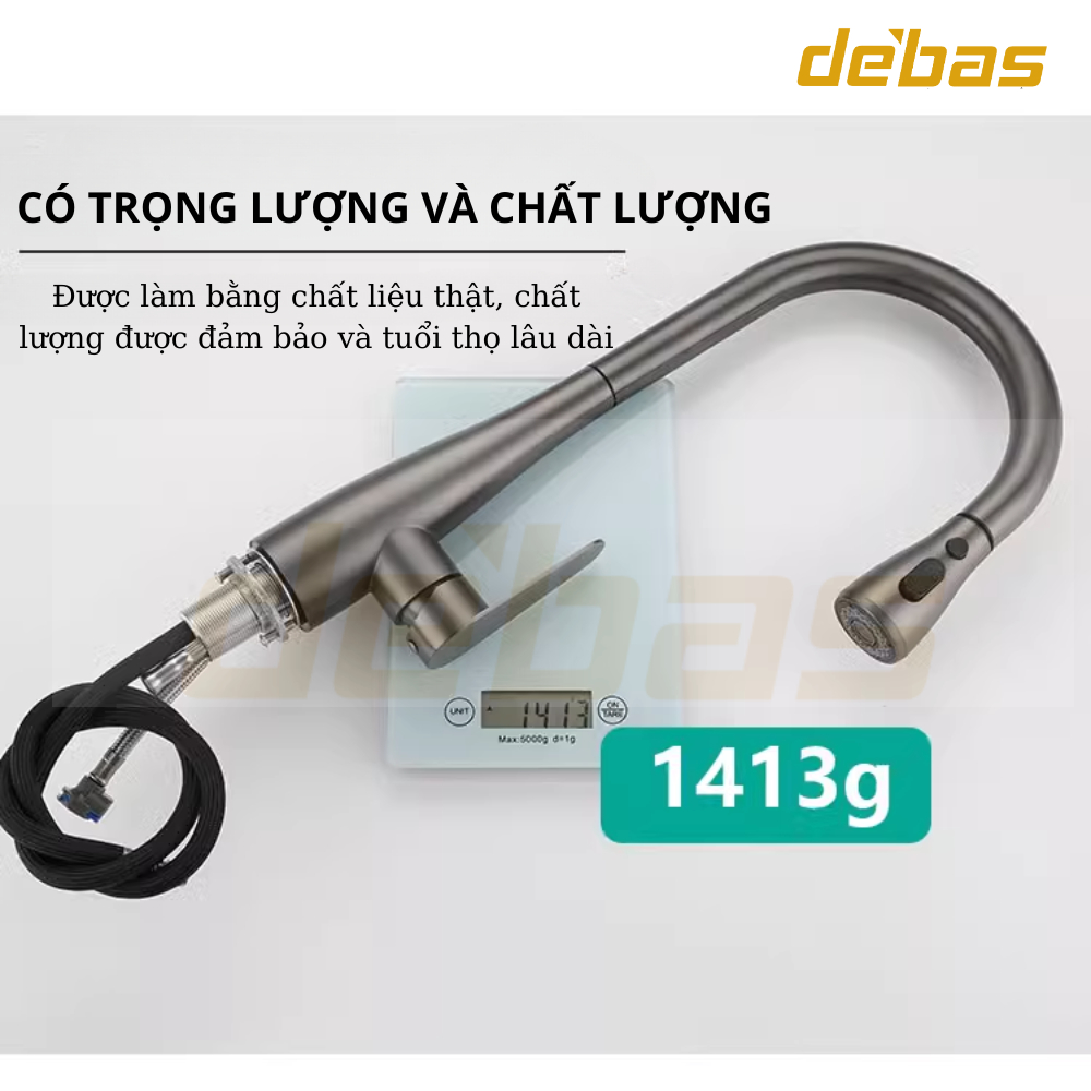 Vòi rửa bát dây rút đồng mạ nano xám hàng đúc nặng cao cấp tặng dây cấp inox nóng lạnh Debas V756X