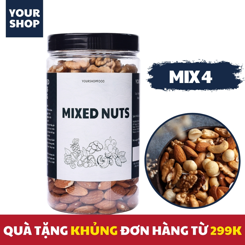 Hạt dinh dưỡng mix 4 loại Yourshop hũ 350g/500g hạt ngũ cốc cho bà bầu gồm hạt macca, óc chó, hạnh nhân, hạt điều