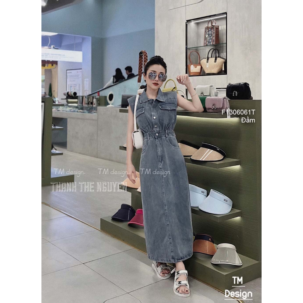 Đầm jean dáng dài ngực đắp túi nắp cổ bẻ xẻ tà sau sát nách! [BEXU]