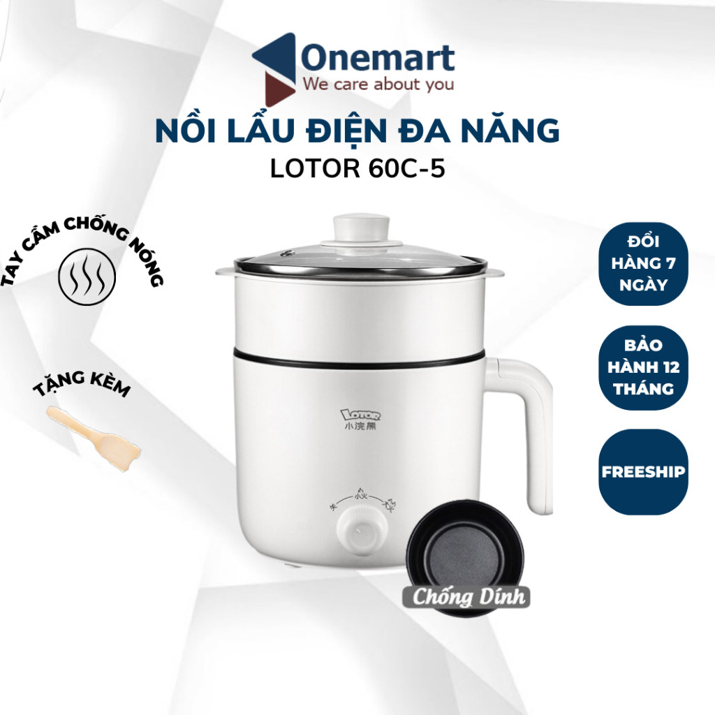 Nồi lẩu điện Lotor mini đa năng chống dinh Nồi lẩu mini chiên xào dán kèm xửng hấp cao cấp