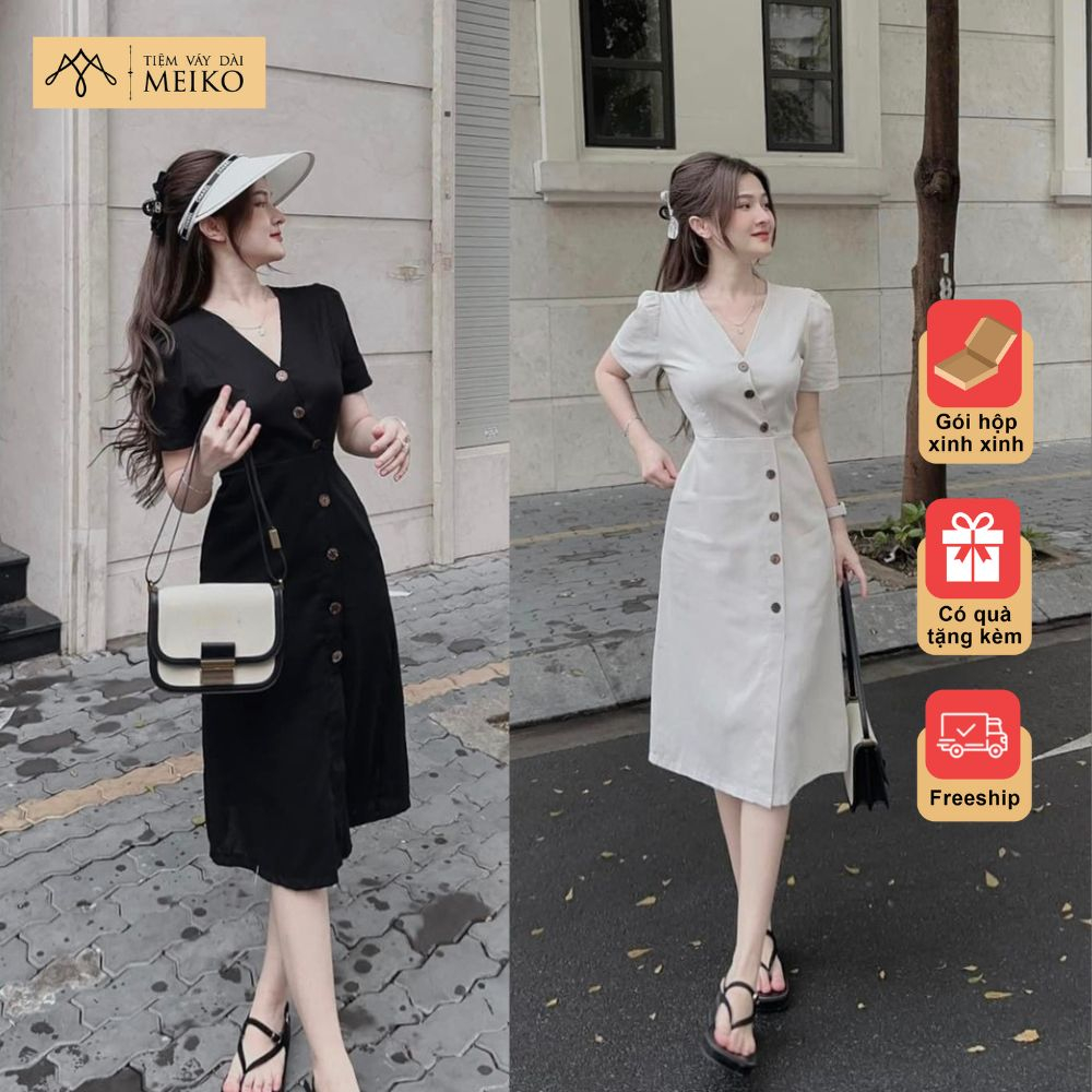 Váy Dài Linen Cúc Dừa Cổ V Meiko, Váy Đi Làm, Dạo Phố Siêu Xinh [Có Video Ảnh Thật, Gói Hộp Chỉnh Chu]