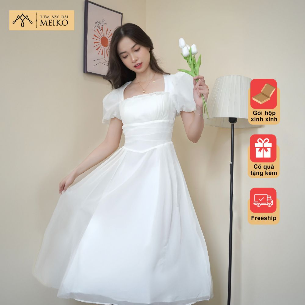 Váy Cổ Vuông Tay Phồng Dáng Dài Tiểu Thư, Che Bắp Tay To Siêu Xinh [Ảnh Thật & Gói Hộp Chỉnh Chu]