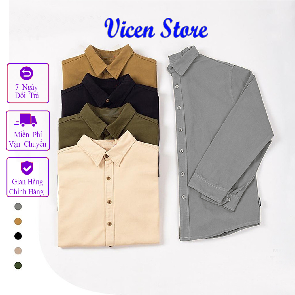 Sơ Mi Nam Cổ Đứng Tay Dài Vicenzo Chất Thô Cotton Mềm Thoáng Mát Cao Cấp, Áo Sơ Mi Tay Dài Nam Cao Cấp Mặc Đi Học Đi Làm